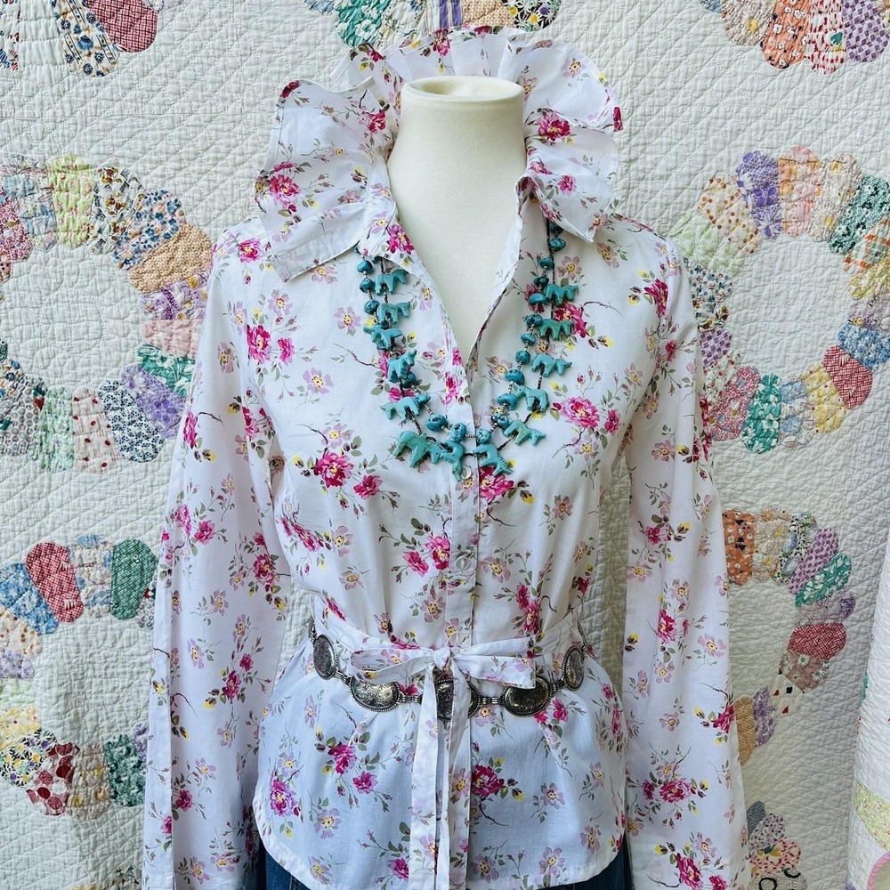 Upcycled Coastal Grandma Cottage Rose Floral Tie Waist Big Ruffle Collar Shirt S